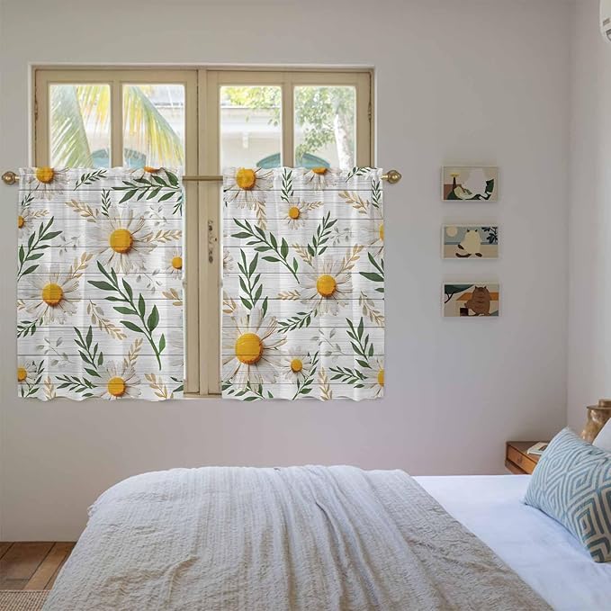Spring Daisy Kitchen Curtains, Farmhouse Country Flower Leaf Plant Wood Grain Light Filtering Window Curtain Panels, 2Pcs Rod Pocket Window Treatments Set for RV Dining Room Study Room 42x54 Inches