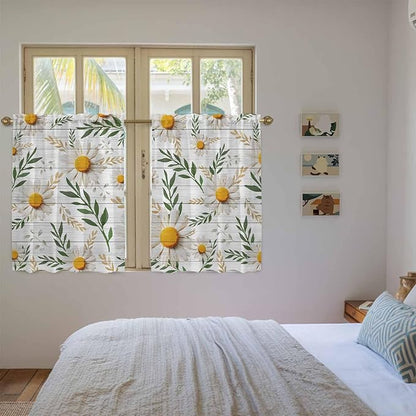 Spring Daisy Kitchen Curtains, Farmhouse Country Flower Leaf Plant Wood Grain Light Filtering Window Curtain Panels, 2Pcs Rod Pocket Window Treatments Set for RV Dining Room Study Room 42x54 Inches