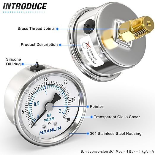 MEANLIN MEASURE 0~30Psi Dry Low Pressure Gauge Stainless Steel 1/4" NPT 2" FACE DIAL Waterproof for Pool Sand Filter Water Oil Air Pressure Test Back Mount, with 1/2" NPT and 3/8" NPT Hex Bushing