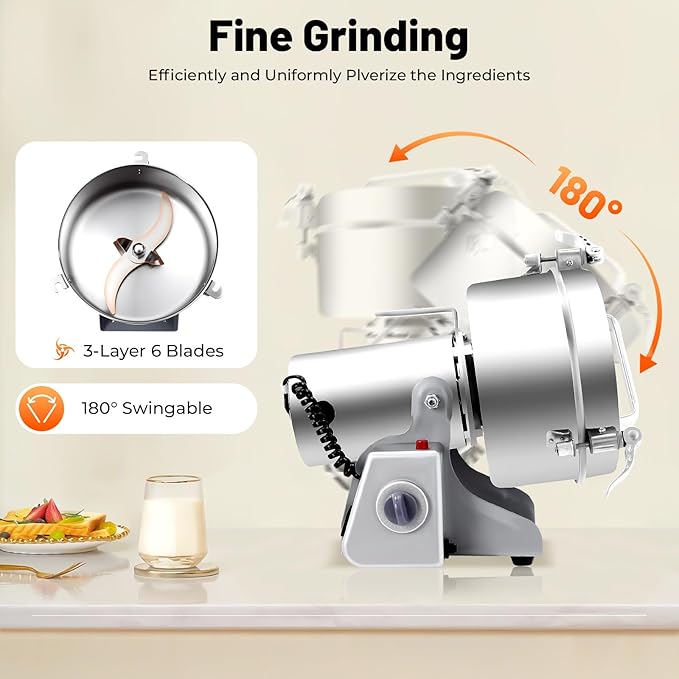 Electric Grain Mill, 2500g Capacity High-speed Grain Mill Grinder, Food-grade Stainless Steel Cereals Corn Flour Pulverizer Powder Machine for Dry Spice Herbs Grains Coffee Rice Pepper