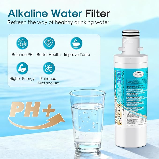 ICEPURE Alkaline LT1000PC Refrigerator Water Filter and Air Filter Replacement for LG LT1000P/PC/PCS, Kenmore 9980, ADQ74793501 ADQ74793502 ADQ747935 MDJ6484460 LT1000, Enhances PH, 3 Combo