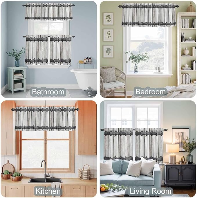 Farmhouse Rustic Kitchen Curtain Set, Vintage Country Wooden Grain Window Valance and Tiers 24" Length, Light Filtering Short Curtains Valance for Cafe Bathroom Bedroom 54"x18"