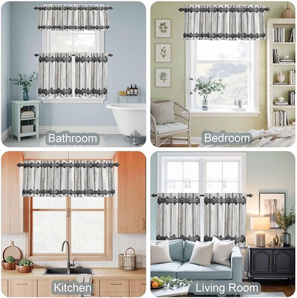 Farmhouse Rustic Kitchen Curtain Set, Vintage Country Wooden Grain Window Valance and Tiers 24" Length, Light Filtering Short Curtains Valance for Cafe Bathroom Bedroom 54"x18"