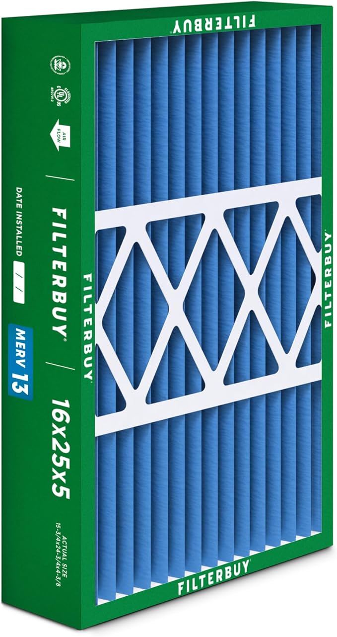 Filterbuy 16x25x5 Air Filter MERV 13 Optimal Smoke & Allergy Defense (1-Pack), Pleated HVAC AC Furnace Filters for Honeywell FC100A1029, Lennox X6670, and More (Actual Size: 15.75 x 24.75 x 4.38)