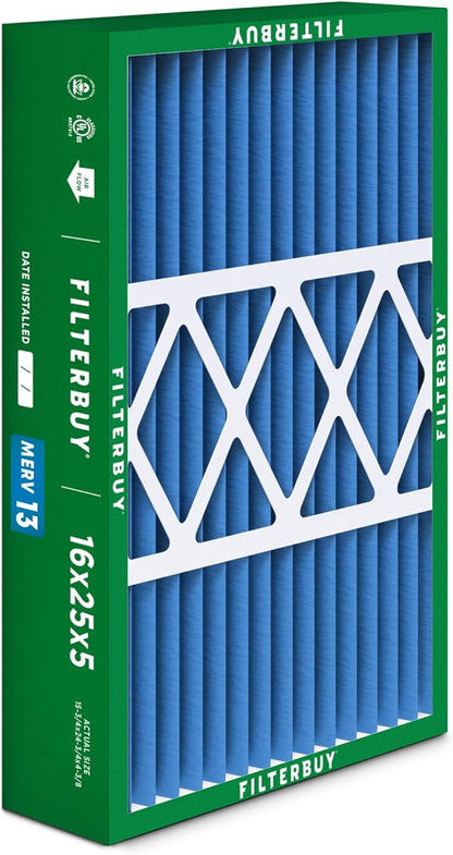 Filterbuy 16x25x5 Air Filter MERV 13 Optimal Smoke & Allergy Defense (3-Pack), Pleated HVAC AC Furnace Filters for Honeywell FC100A1029, Lennox X6670, and More (Actual Size: 15.75 x 24.75 x 4.38)