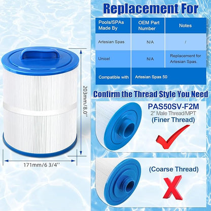 2 Pack SPA Filter Cartridge 6CH-502 Compatible with Artesian Spas 50, 06-0006-12, 06-0005-12, Filbur FC-0311, Pleatco PAS50SV-F2M, Certified with NSF50 for Material Safety, Hot Tub Filters
