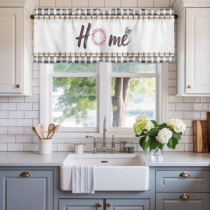 Spring Flowers Curtain Valances for Windows, Kitchen Valance Window Treatment, Watercolor Floral Leaf Black Plaid Light Filtering Block Curtains for Bathroom/Bedroom/Living Room 42'' x 18''