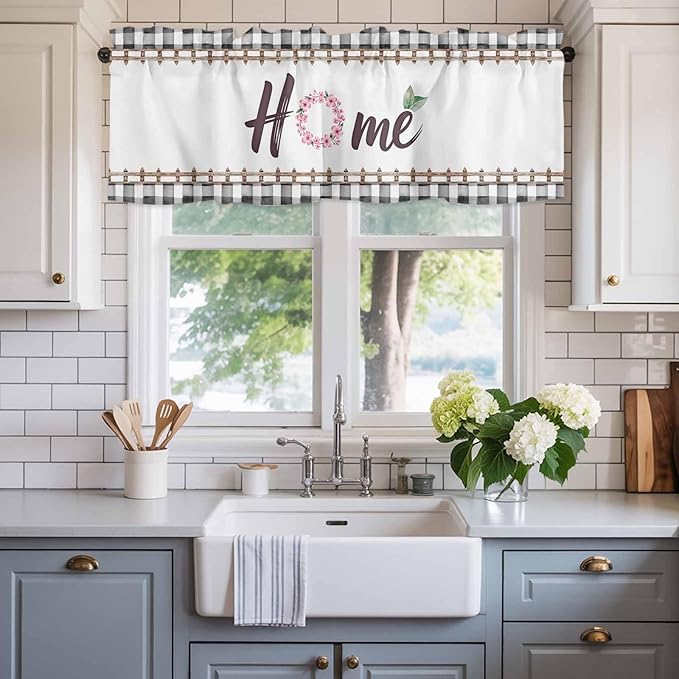 Spring Flowers Curtain Valances for Windows, Kitchen Valance Window Treatment, Watercolor Floral Leaf Black Plaid Light Filtering Block Curtains for Bathroom/Bedroom/Living Room 54'' x 18''