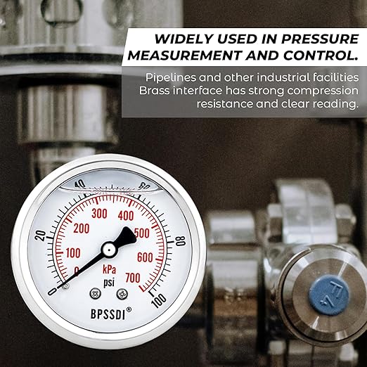0-100Psi Glycerin Liquid Filled Low Pressure Gauge, 2.5" Dial Size, 1/4" G Back Mount, 304 Stainless Steel Case, for Water Pipe, HVAC, Water Oil Air Pressure Test