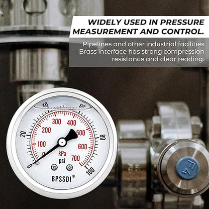 0-100Psi Glycerin Liquid Filled Low Pressure Gauge, 2.5" Dial Size, 1/4" G Back Mount, 304 Stainless Steel Case, for Water Pipe, HVAC, Water Oil Air Pressure Test