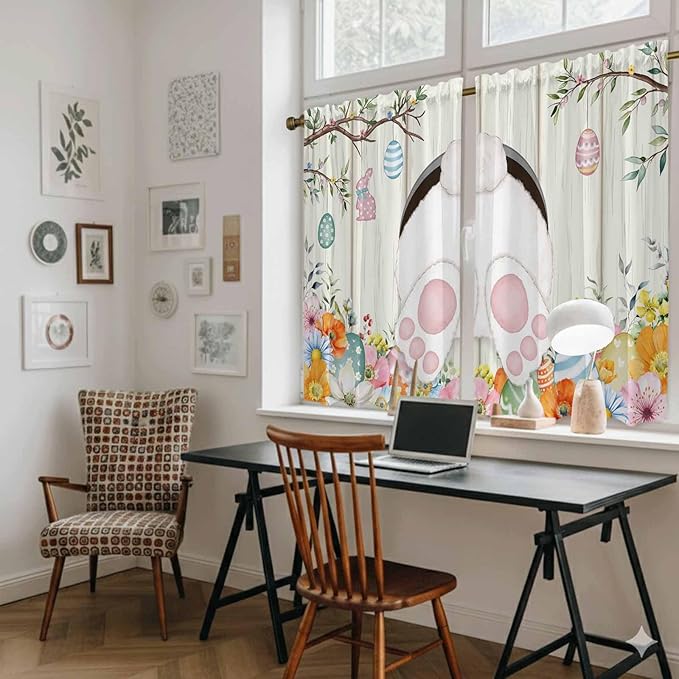 Easter Kitchen Curtains 45 Inch Long 2 Panel Set, Rod Pocket Window Treatment, Spring Farmhouse Watercolor Bunny Eggs Wood Grain Light Filtering Panels Short Drapes for Bathroom Camper 42"W x 45"L