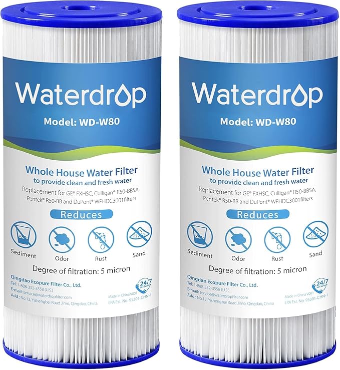 Waterdrop FXHSC Whole House Water Filter, Replacement for GE® FXHSC, GXWH40L, GXWH35F, American Plumber W50PEHD, W10-PR, Culligan® R50-BBSA, 5 Micron, 10" x 4.5", High Flow Sediment Filters, Pack of 2