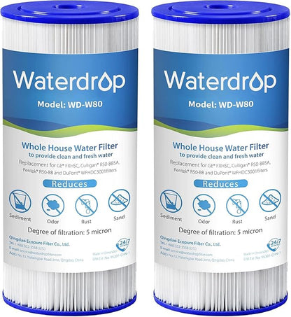 Waterdrop FXHSC Whole House Water Filter, Replacement for GE® FXHSC, GXWH40L, GXWH35F, American Plumber W50PEHD, W10-PR, Culligan® R50-BBSA, 5 Micron, 10" x 4.5", High Flow Sediment Filters, Pack of 2
