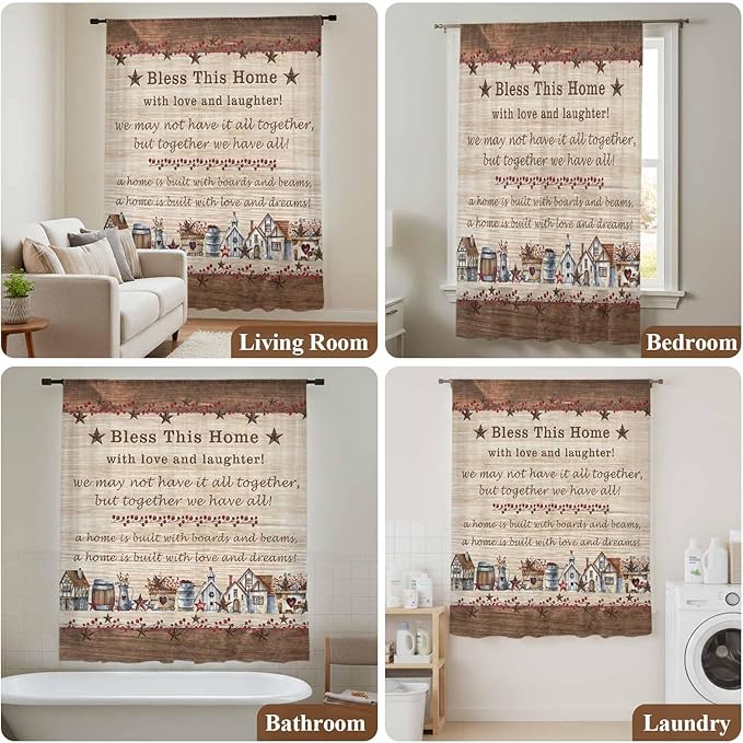 Farmhouse Sheer Curtains 54 Inch Length Brown Country Star Berry Vintage Wood Grain Chiffon Curtain for Bedroom Living Room Light Filtering Window Treatments Voile Curtains Drapes for Kitchen