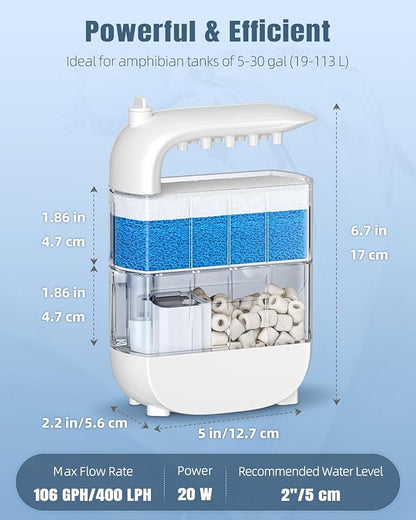 Pawfly 106 GPH 5 W Turtle Tank Filter, Low Water Level Turtle Filter for 5-30 Gallon Tanks, Ultra Quiet Adjustable Internal Filter for Turtle Tanks, Mechanical & Bio-Filtration Turtle Water Filter