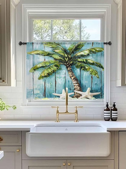 Sheer Curtains 54 Inch Length, Coastal Beach Starfish Semi Sheer Curtains Light Filtering Window Treatment, Blue Green Tropical Palm Tree Wood Grain Privacy Voile Drapes for Living Room 52x54 Inch