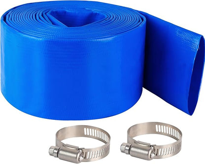 3" x 100 FT Lay Flat Water Pump Discharge Hose, Blue Heavy Duty Reinforced PVC Pool Backwash Hose for Swimming Filter Pump,with 2 Clamp