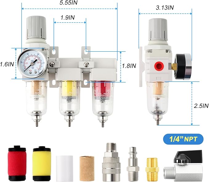 1/4" NPT 3 Stage Air Drying System,Coalescing Filter, Particulate Filter and Air Regulator, Manual Drain for Air Tools and Spray Paint Gun