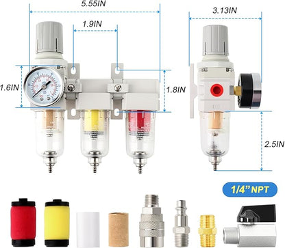 1/4" NPT 3 Stage Air Drying System,Coalescing Filter, Particulate Filter and Air Regulator, Manual Drain for Air Tools and Spray Paint Gun