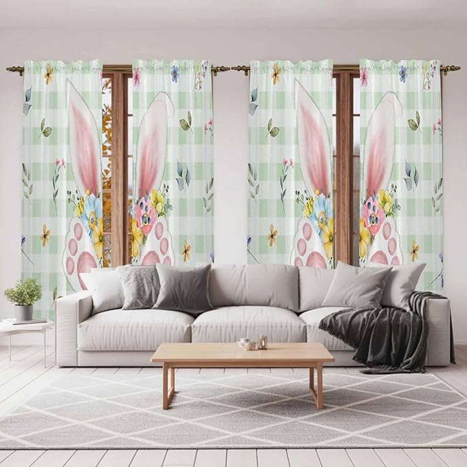 Easter Window Curtains 72 Inch Long 2 Panel Set, Rod Pocket Long Curtains & Drapes, Spring Bunny Ears Feet Flowers Green Plaid Light Filtering Window Treatment for Bedroom Living Room 52"W x 72"L