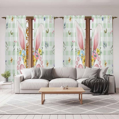 Easter Window Curtains 72 Inch Long 2 Panel Set, Rod Pocket Long Curtains & Drapes, Spring Bunny Ears Feet Flowers Green Plaid Light Filtering Window Treatment for Bedroom Living Room 52"W x 72"L