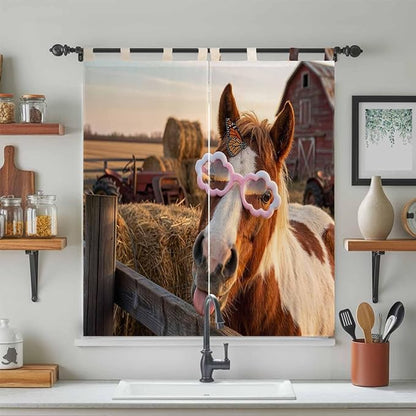 Farm Horses Living Room Curtains 84 Inch Length, Window Curtains Tab Top, Farmhouse Barn Funny Animals Butterfly Light Filtering Window Treatments Drapes 42"x84" 2 Panel