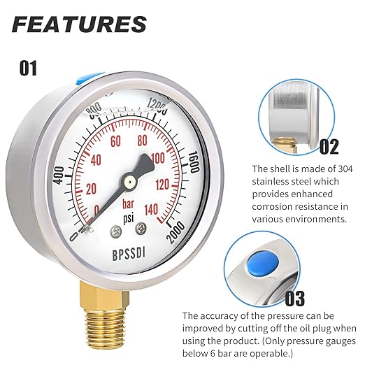 0-2000 Psi Glycerin Liquid Filled Hydraulic High Pressure Gauge, 2.5" Dial Size, 1/4" NPT Lower Mount, 304 Stainless Steel Case, for Water Oil Air Gas Pressure Test