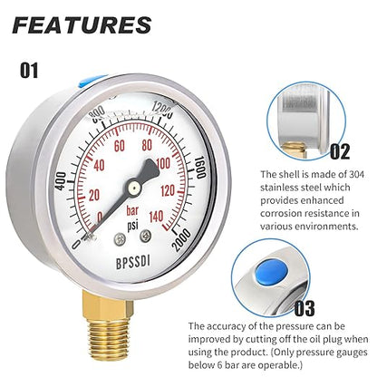 0-2000 Psi Glycerin Liquid Filled Hydraulic High Pressure Gauge, 2.5" Dial Size, 1/4" NPT Lower Mount, 304 Stainless Steel Case, for Water Oil Air Gas Pressure Test