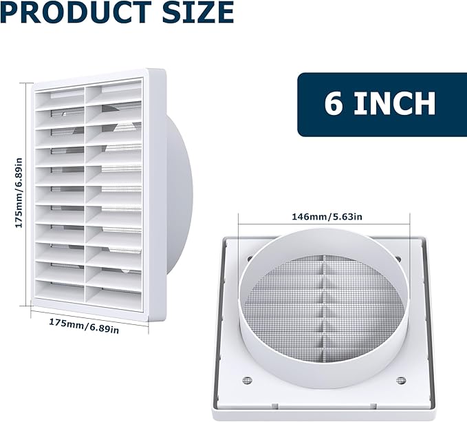 Air Vent ABS Louver Grille Cover 6 Inch, External Wall Vent Cover with Built-in Screen Mesh for Intake Exhaust Ventilation Exterior Door Ceiling Attic Storage Garage, White