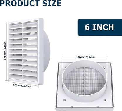 Air Vent ABS Louver Grille Cover 6 Inch, External Wall Vent Cover with Built-in Screen Mesh for Intake Exhaust Ventilation Exterior Door Ceiling Attic Storage Garage, White