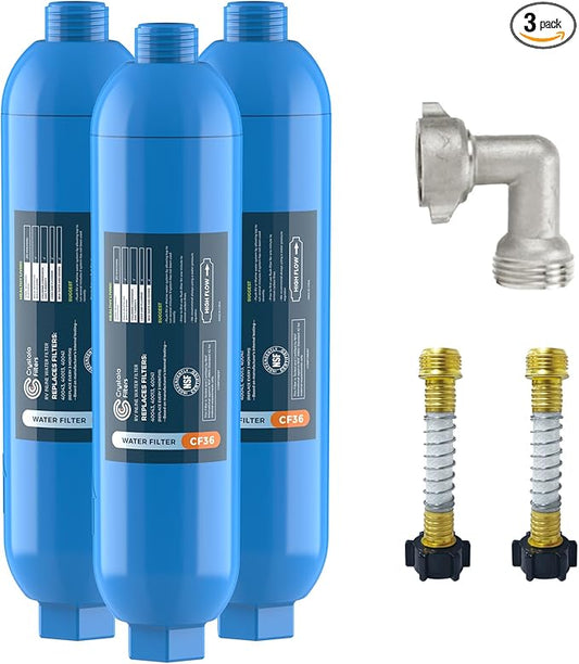 CRYSTALA RV/Camper Water Filter, Inline Water Filter Effectively Reduces Bad Taste, Odors, Chlorine and Sediment for RVs and Marines, 3 Pack Filter with 2 Flexible Hose Protector
