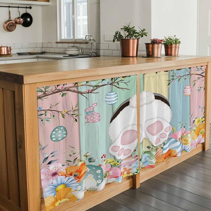 Easter Kitchen Tier Curtains 36 Inch Long 2 Panel Set,Rod Pocket Half Window Curtains Over Sink,Spring Colorful Bunny Eggs Flower Wood Grain Light Filtering Short Drapes Cafe 27.5"W x 36"L