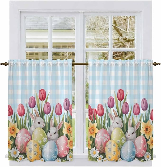Easter Kitchen Curtains 45 Inch Long 2 Panel Set,Rod Pocket Window Treatment,Spring Bunny Colorful Eggs Tulip Flowers Blue Check Light Filtering Short Curtains & Drapes Laundry 52"W x 45"L