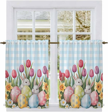 Easter Kitchen Curtains 45 Inch Long 2 Panel Set, Rod Pocket Window Treatment, Spring Bunny Colorful Eggs Tulip Flowers Blue Check Light Filtering Panels Short Drapes for Bathroom Camper 42"W x 45"L