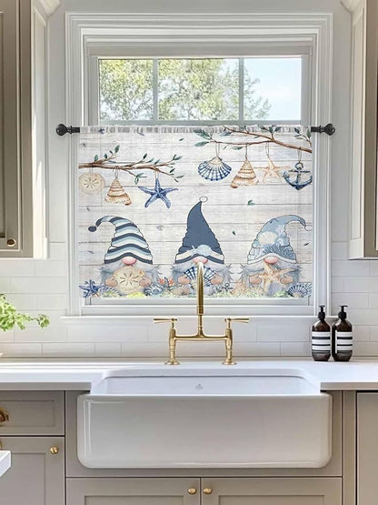 Sheer Curtains 45 Inch Length, Coastal Eucalyptus Semi Sheer Curtains Light Filtering Window Treatment, Ocean Blue Gnomes Starfish Leaf Wood Grain Privacy Voile Drapes for Living Room 52x45 Inch