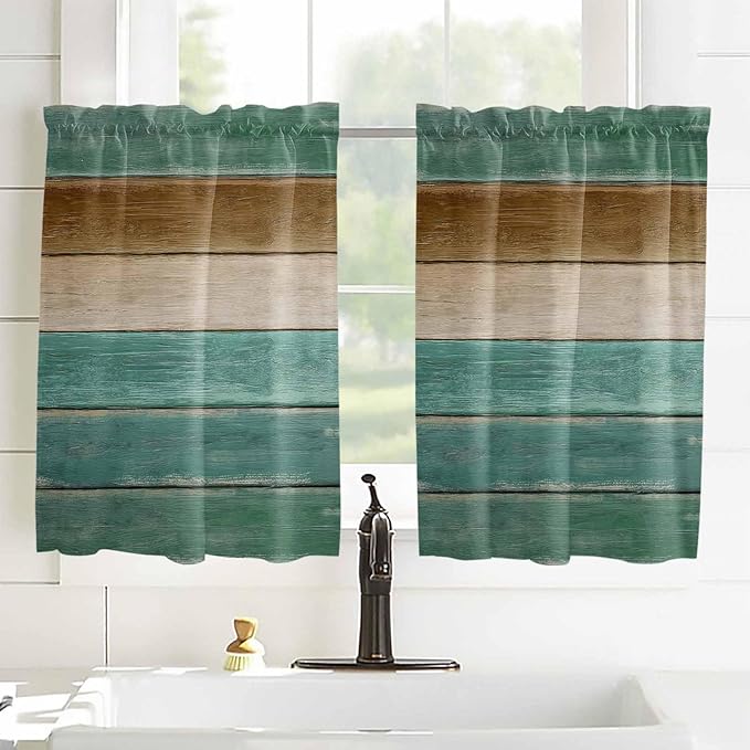Vintage Plank Turquoise Brown Window Valance Curtains, Farmhouse Wood Grain Light Filtering Kitchen Valance with 3-inch Rod Pocket for Living Room Bathroom Bedroom,2 Panel,42x54In