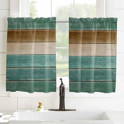 Vintage Plank Turquoise Brown Window Valance Curtains, Farmhouse Wood Grain Light Filtering Kitchen Valance with 3-inch Rod Pocket for Living Room Bathroom Bedroom,2 Panel,42x54In