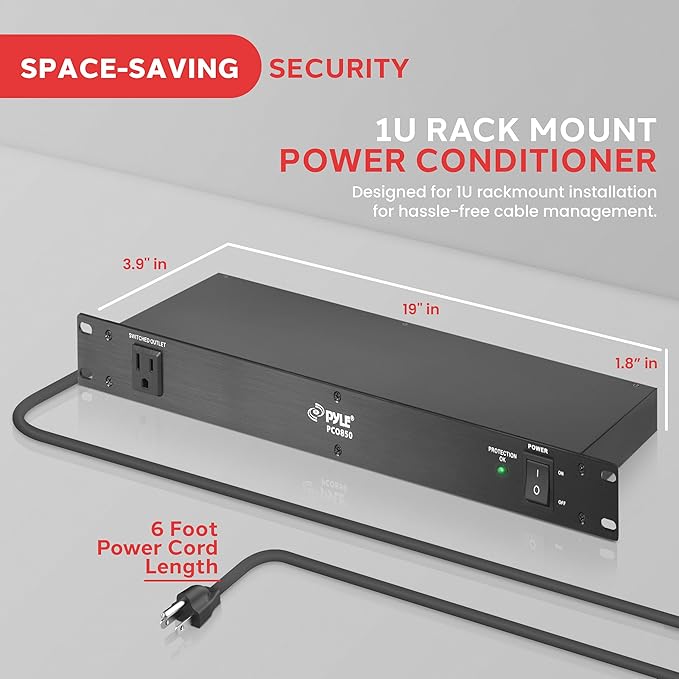 Pyle 150J Surge Protector Power Strip - 9 Outlet - 15 Amp - 1U Rack Mount with AC Filter - Heavy Duty Extension Cord - Overload Protection for Home/Office/Server Use - PCO850