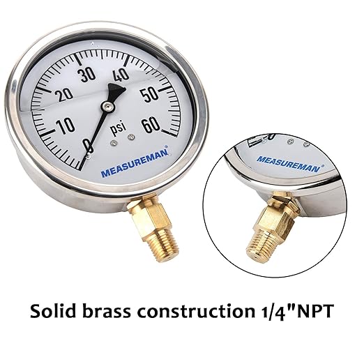 MEASUREMAN 4" Dial Size, Glycerin Filled Plumbing Pressure Gauge, 0-60psi, Stainless Steel Case, 1/4" NPT Lower Mount