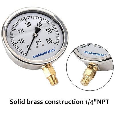 MEASUREMAN 4" Dial Size, Glycerin Filled Plumbing Pressure Gauge, 0-60psi, Stainless Steel Case, 1/4" NPT Lower Mount