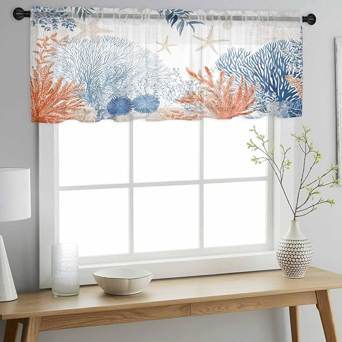 Ocean Corals Sheer Valance Curtains, Summer Beach Coral Sea Stars Light Filtering Kitchen Valances Rod Pocket Voile Curtain Window Treatment for Bedroom/Living Room/Basement 54Wx18L