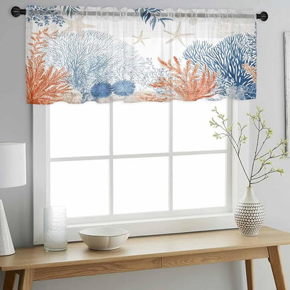 Ocean Corals Sheer Valance Curtains, Summer Beach Coral Sea Stars Light Filtering Kitchen Valances Rod Pocket Voile Curtain Window Treatment for Bedroom/Living Room/Basement 60Wx18L