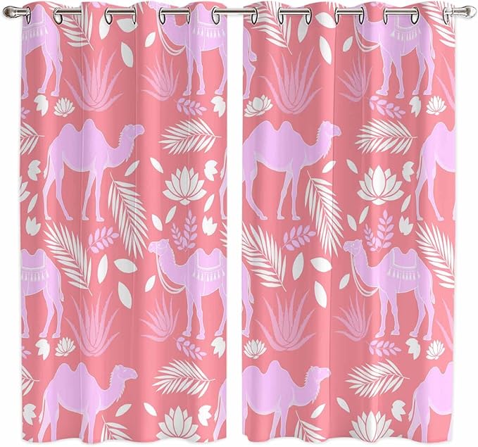 2 Panel Kitchen Cafe Curtains, Desert Camel Sunlight Filtering Nature Air Through, Window Decor Tier Curtains for Living Room 104W x 84L inch Vintage Sand Camel Leaves Flower Pattern Pink