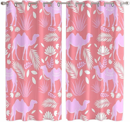 2 Panel Kitchen Cafe Curtains, Desert Camel Sunlight Filtering Nature Air Through, Home Decor Window Covering Tier Curtains for Living Room 80W x 63L inch Vintage Sand Camel Leaves Flower Pattern Pink
