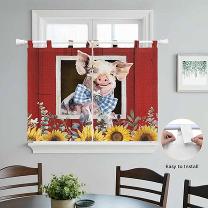 Pig Sunflowers Bedroom Curtains 63 Inch Length, Window Curtains Tab Top, Eucalyptus Leaves Floral Bees Red Barn Light Filtering Window Treatments Drapes 42"x63" 2 Panel