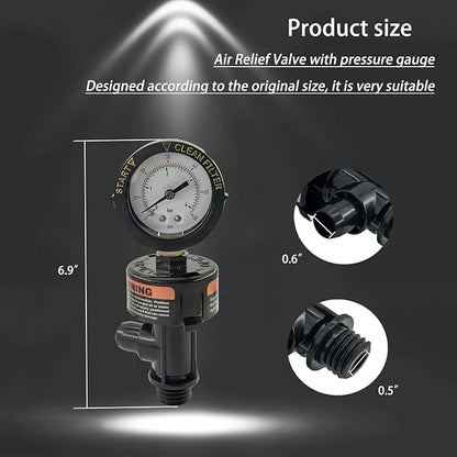 High Flow Manual Air Relief Valve with Pressure Gauge Compatible with FNS, Clean and Clear, Quad DE, 2000 4000 Series Pool and Spa Filters Replacement for 98209800 and 98209803 Models