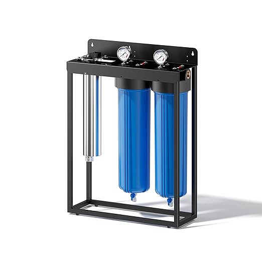 HQUA WF3-03 3-Stage Free-Standing Whole House Water Filtration System, UV Filter Included, Reduces Heavy Metals (Lead, Mercury, Copper, Nickel, Chromium), Chloramine, Sediment, Odor, and VOC’s