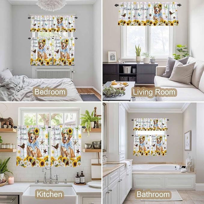 Kitchen Curtains Tiers and Valance Set of 3, Sunflowers Dog Light Filtering Window Curtain Set, Spring Watercolor Floral Stars Colorful Plaid Rod Pocket Curtain Drapes for Living Room, 24 Inches Tiers