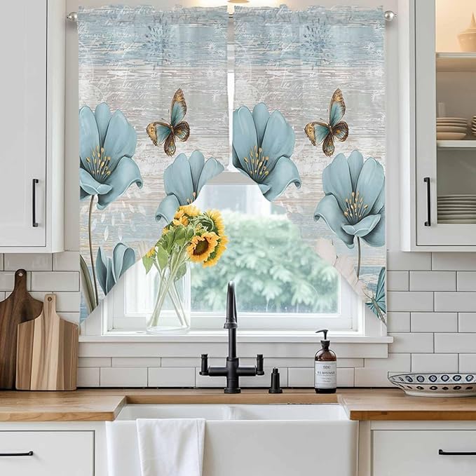 Spring Floral Swag Valances for Windows, Vintage Tulips Flower Butterfly Retro Wood Blue Rod Pocket Kitchen Curtains Valance, Kitchen Window Curtains Swag for Cafe Living Room, 2 Panels, 36x45 inch