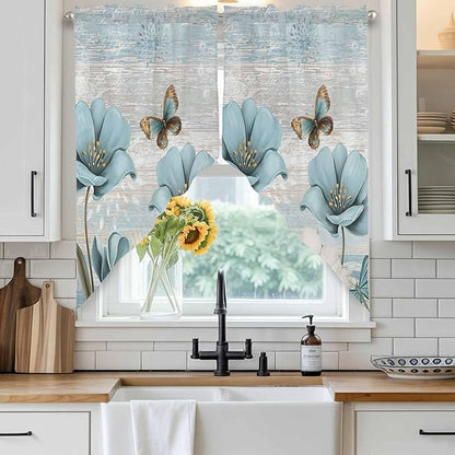 Spring Floral Swag Valances for Windows, Vintage Tulips Flower Butterfly Retro Wood Blue Rod Pocket Kitchen Curtains Valance, Kitchen Window Curtains Swag for Cafe Living Room, 2 Panels, 36x45 inch